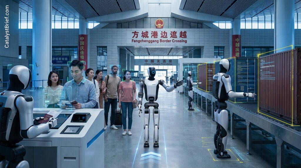 Multiple UBTECH Walker S2 humanoid robots (1.76 meters tall, white and black design with jointed limbs) working at a modern border checkpoint.